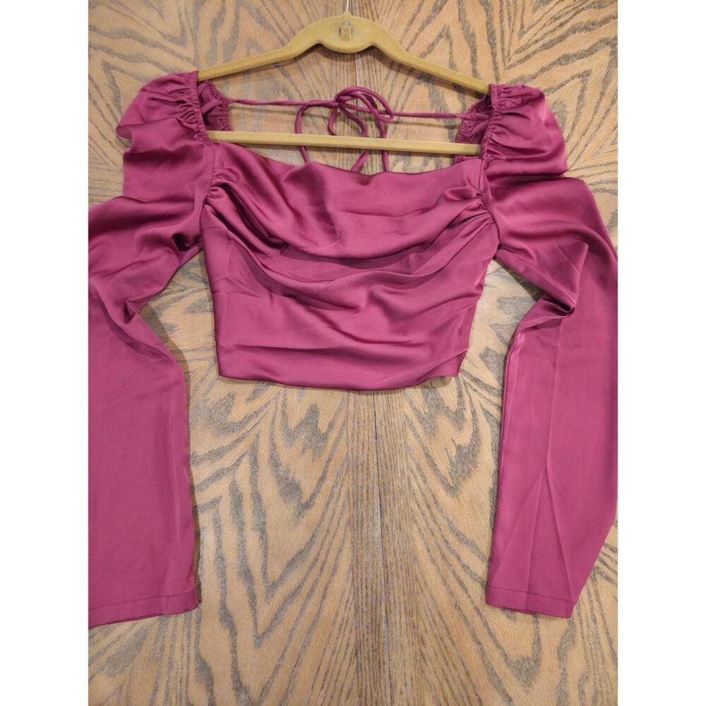 MORE TO COME Kaela Open Back Top Fuchsia Satin Cowl Neck Long Sleeve Crop XS